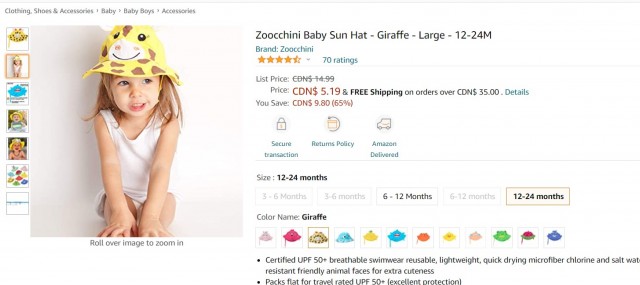 Zoocchini 超萌儿童遮阳帽特卖 长颈鹿款$5.39